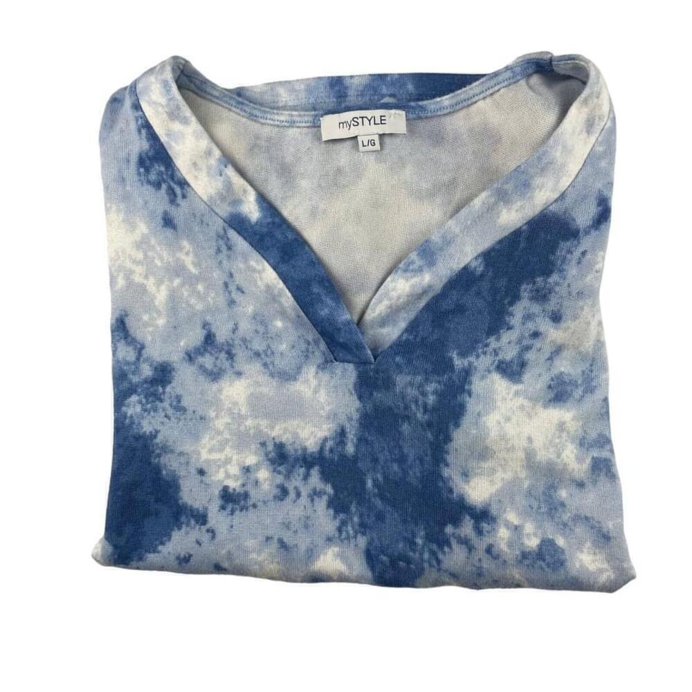 My Style Sweatshirt Womens Large Blue White Tie Dye Ruched Long Sleeve V Neck - Picture 11 of 11